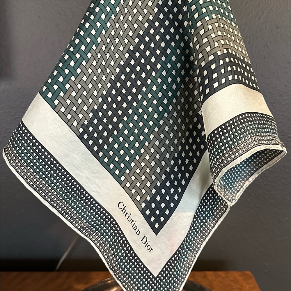 Vintage Christian Dior Green and Grey Weave Patterned Silk Scarf